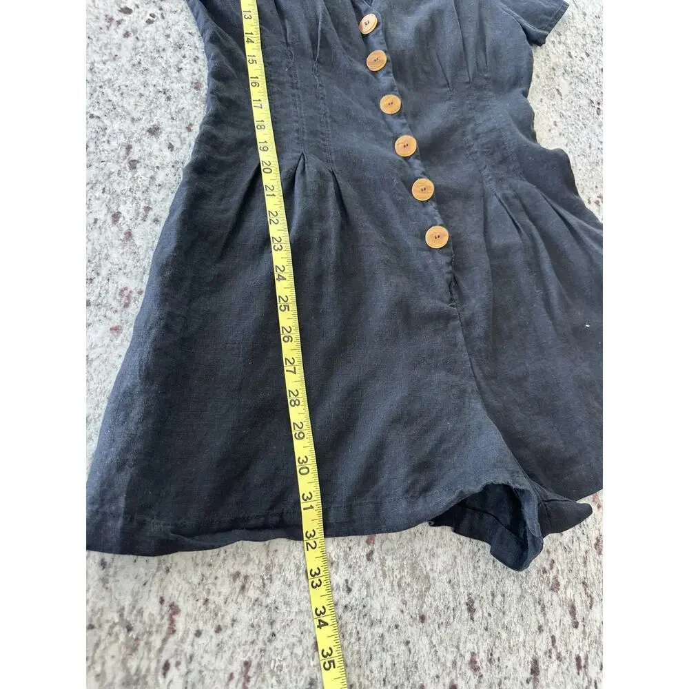 Zara Black Linen Plunge Neck Short Playsuit Natural Wood Toned Front Button L